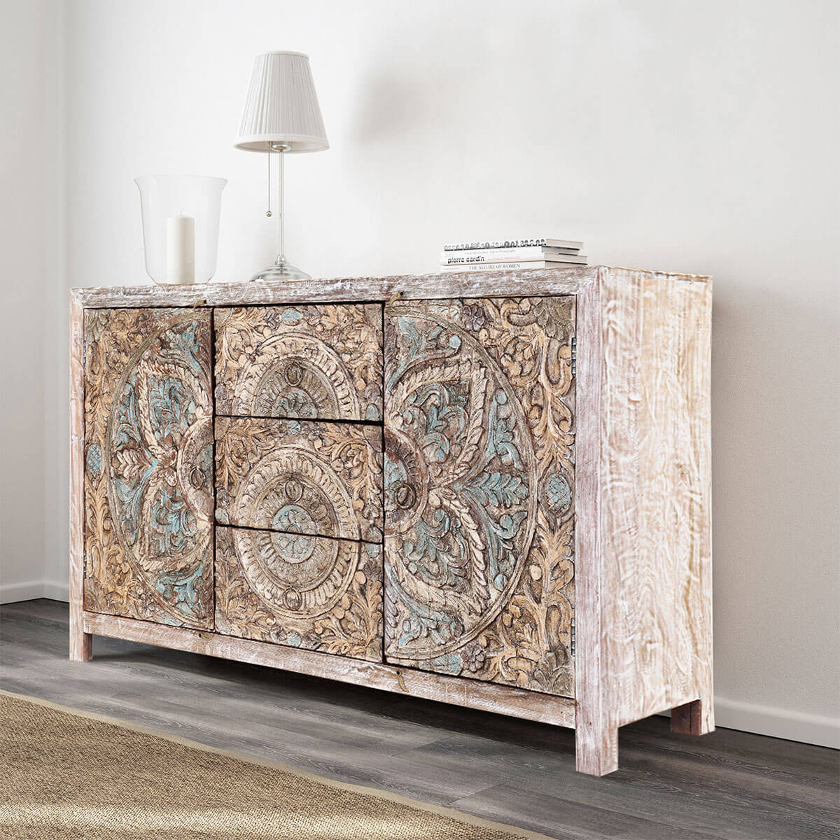 Avenal Floral Mandalas Solid Wood Hand Carved Accent Buffet Cabinet
