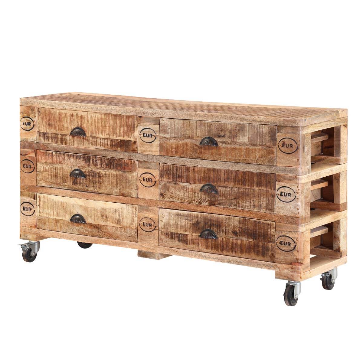 Rustic Industrial Mango Wood 6 Drawers Bedroom Dresser With Wheels