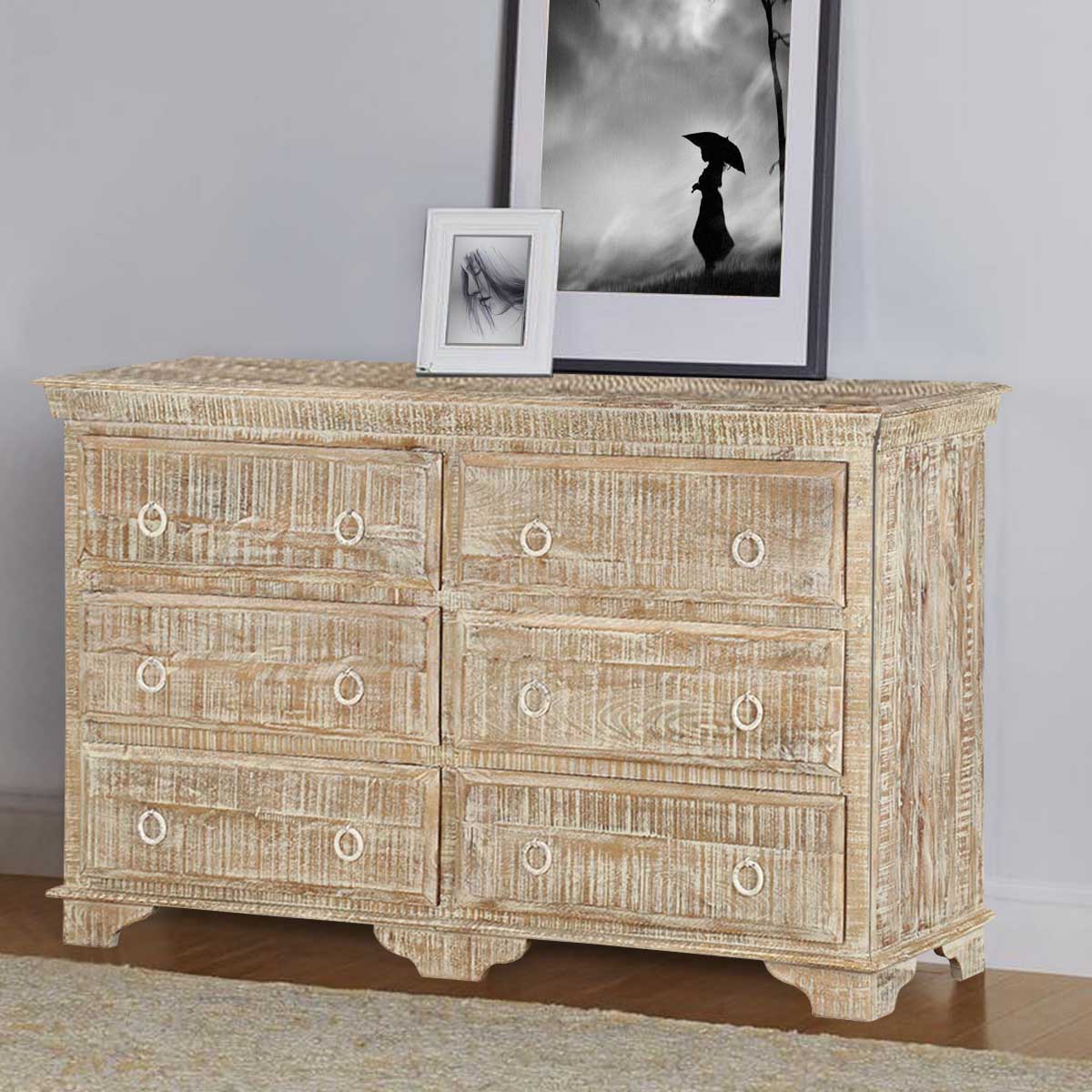 Carolina Distressed Mango Wood White Bedroom Dresser With 6 Drawers