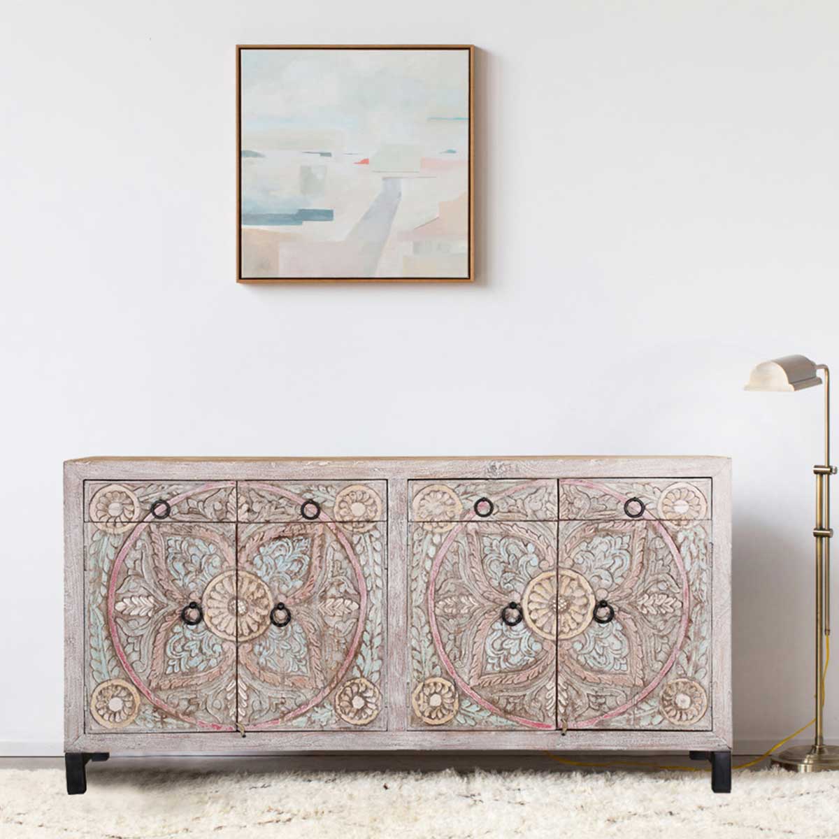 Turquoise Hand Carved Large Sideboard