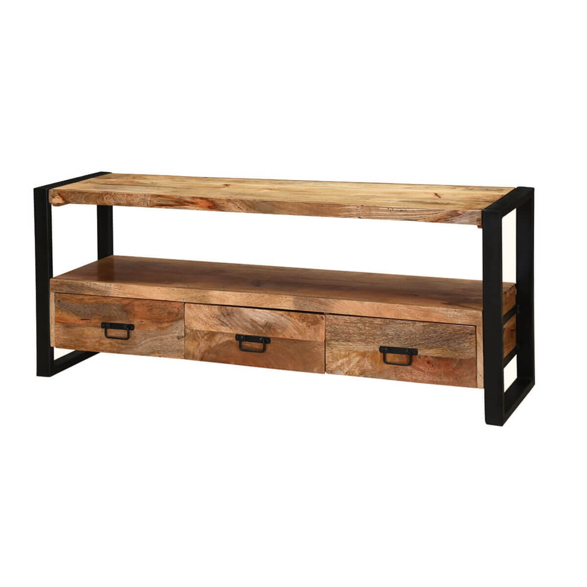 Roxborough Rustic Mango Wood 3 Drawer Industrial Tv Media Console