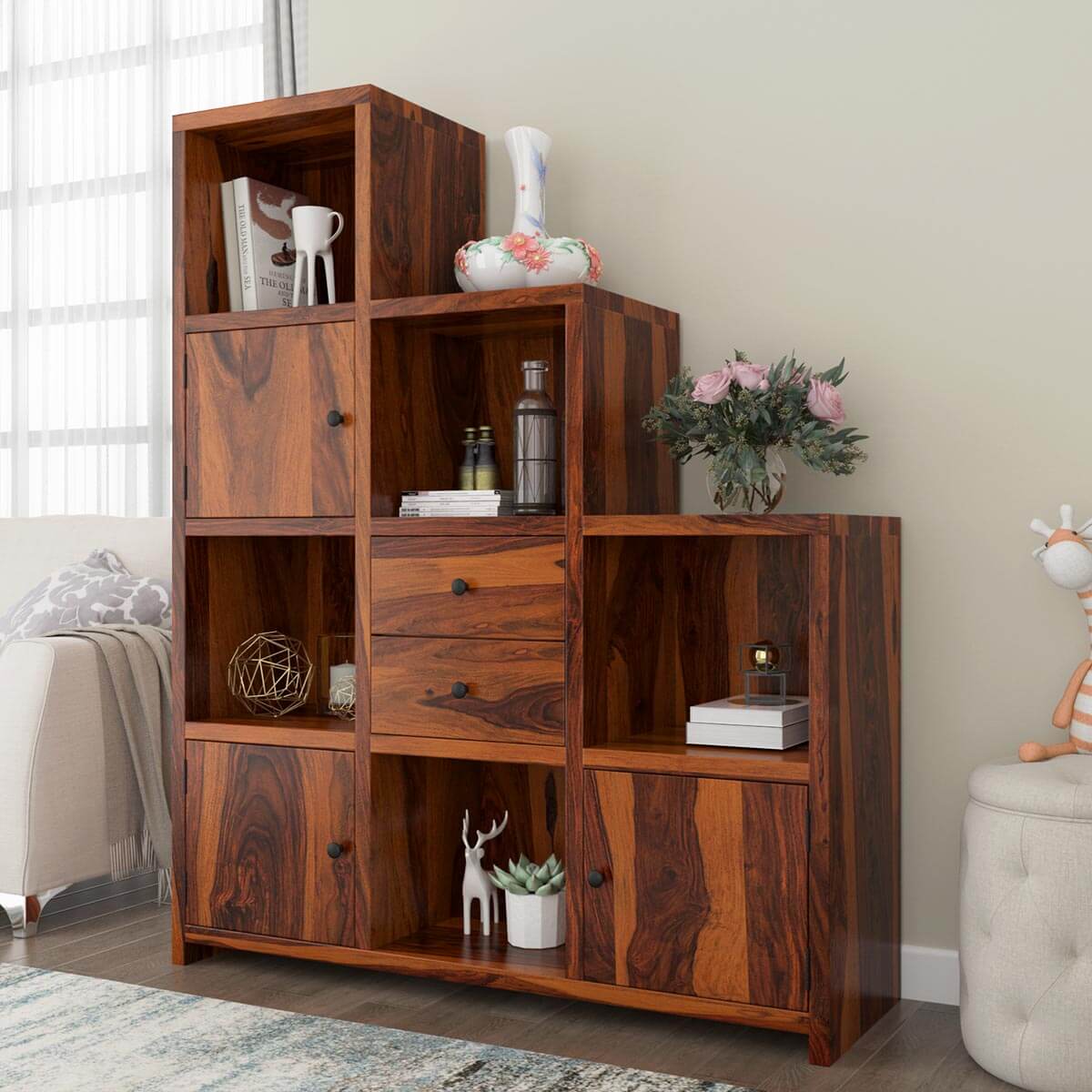 Proctorville Natural Wood Stair Step Bookcase with Doors and Drawers
