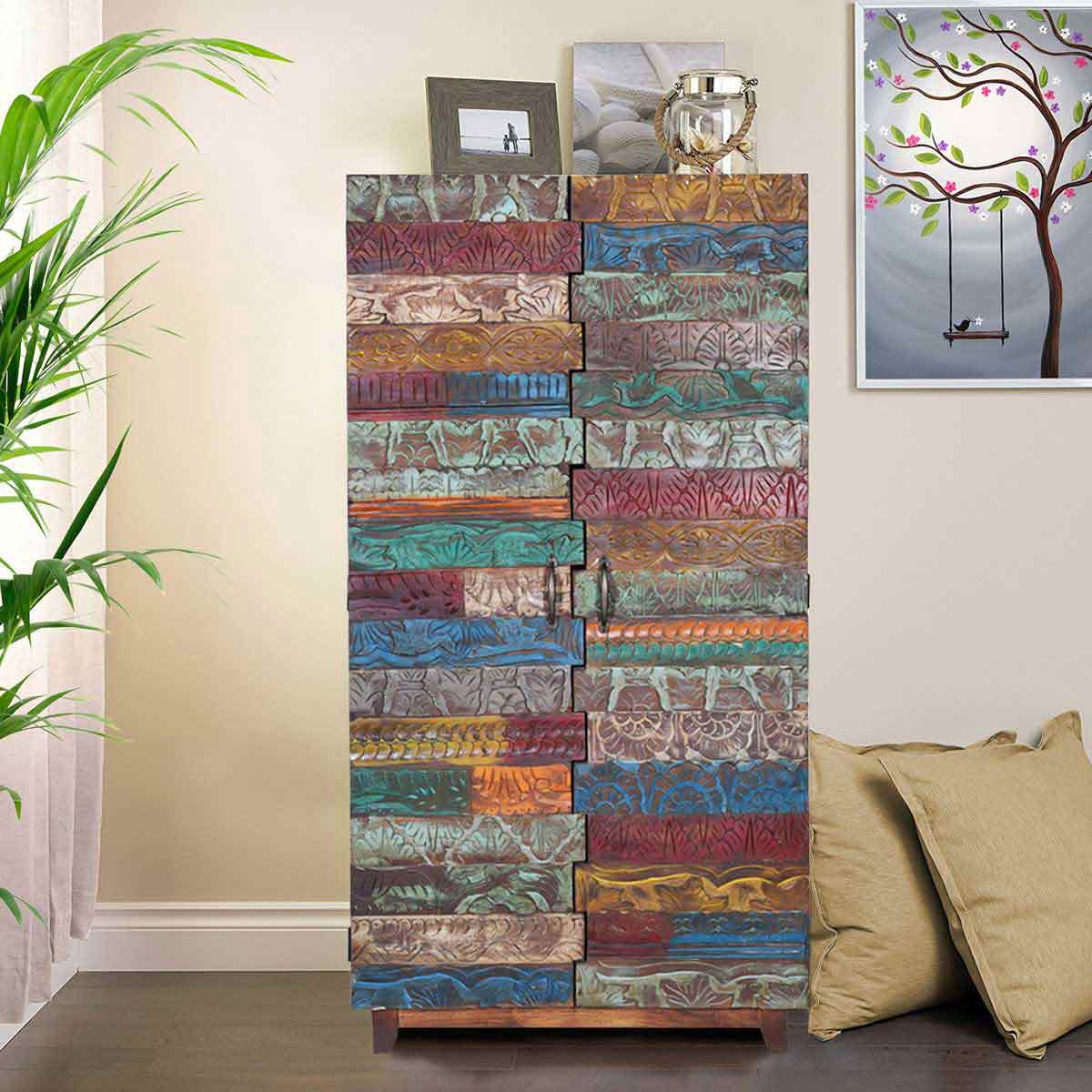 Rainbow Wooden Tile Reclaimed Small Armoire Cabinet