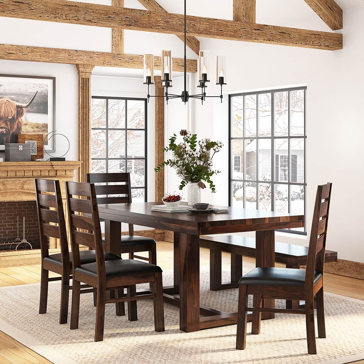 Galveston Rustic Solid Wood 6 Piece Dining Table Chair Set with Bench