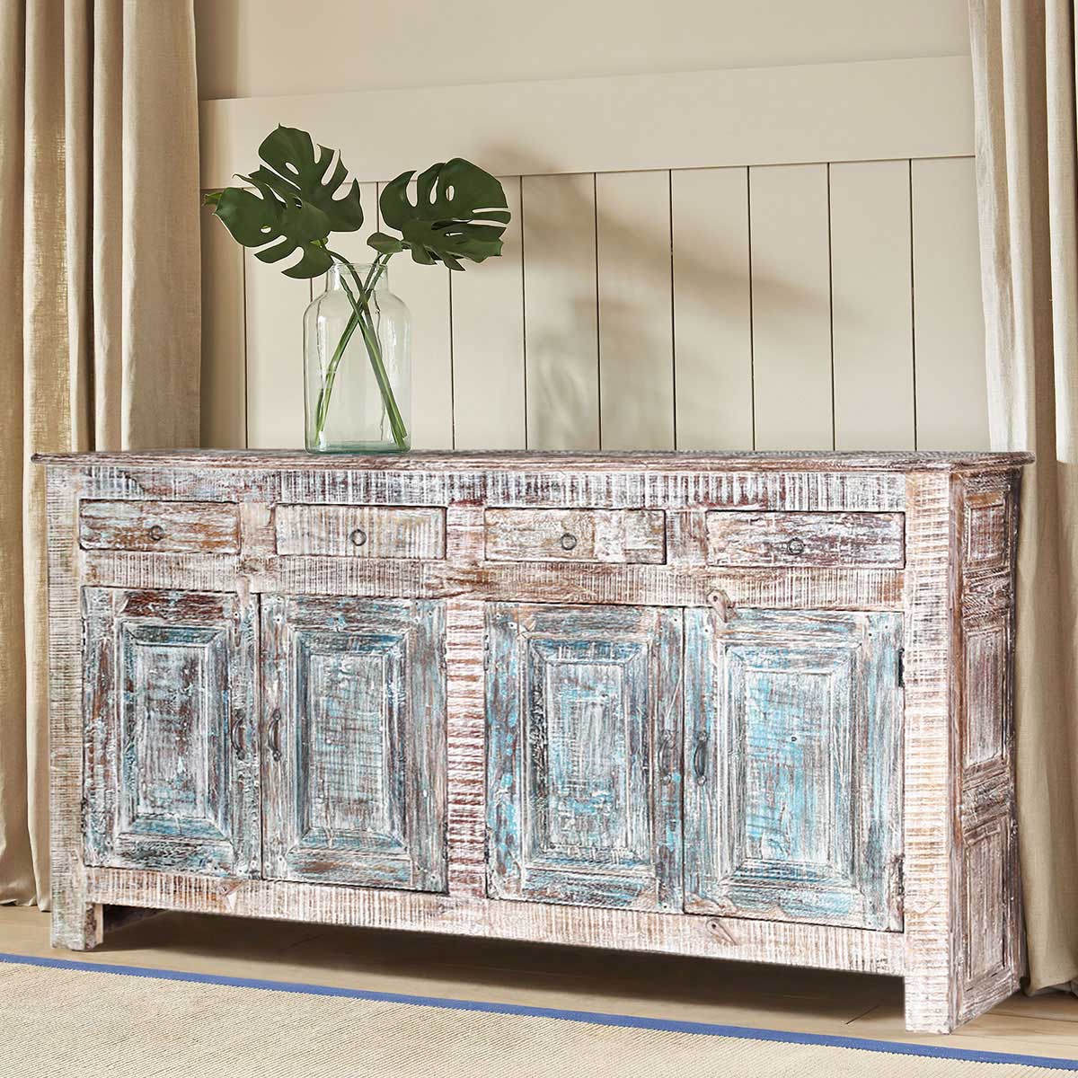 Winter White Rustic Solid Wood 4 Drawer Large Sideboard Cabinet