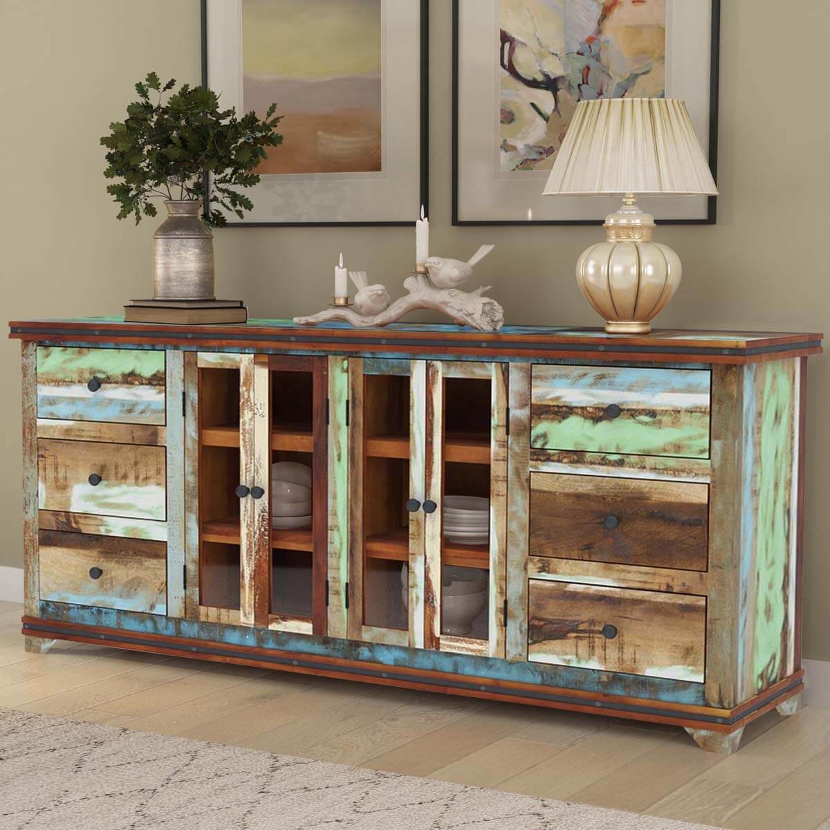 Tarlton Handmade Rustic Reclaimed Wood 6 Drawer Large Buffet Cabinet
