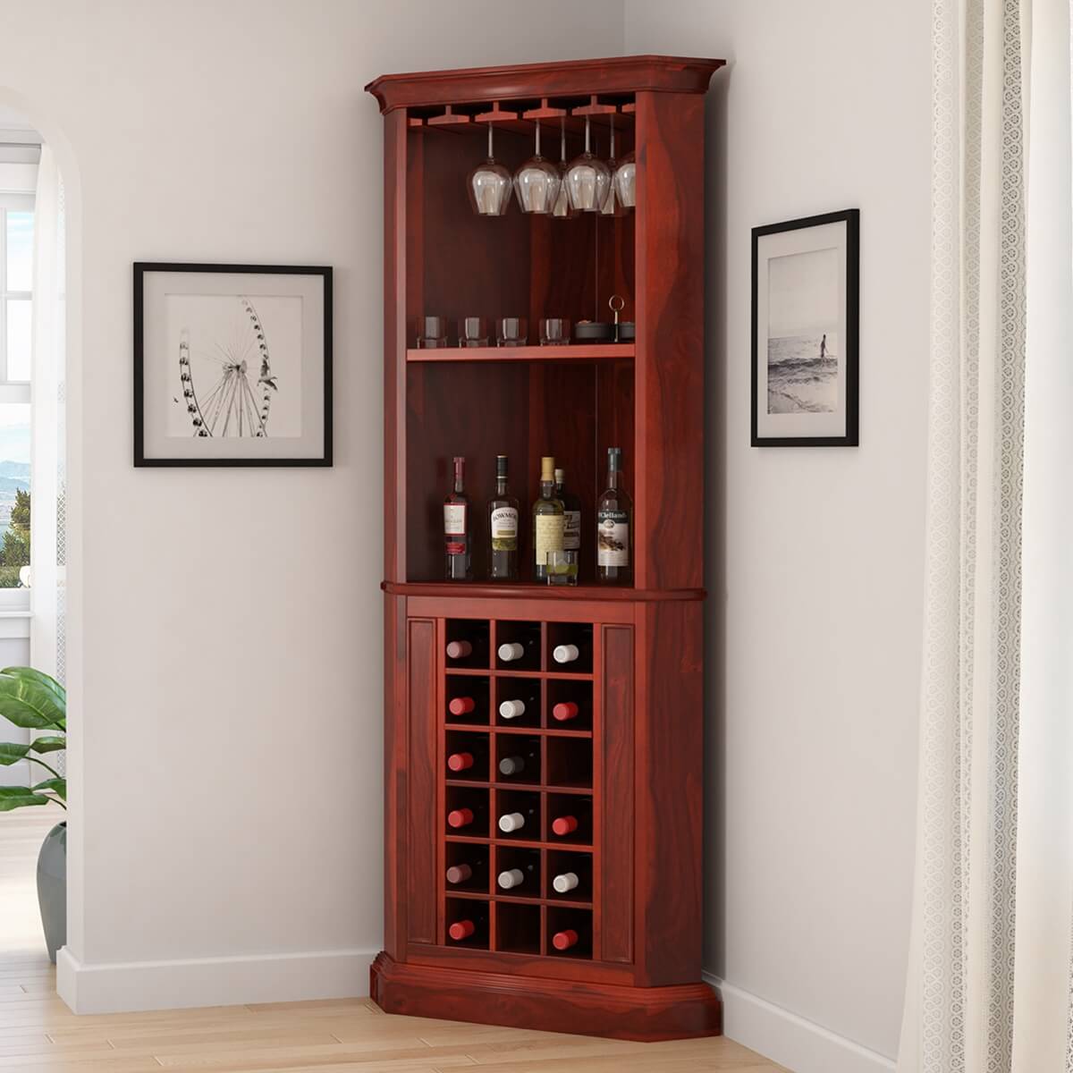 Louis Rustic Solid Wood Tall Corner Bar Cabinet With Wine Rack
