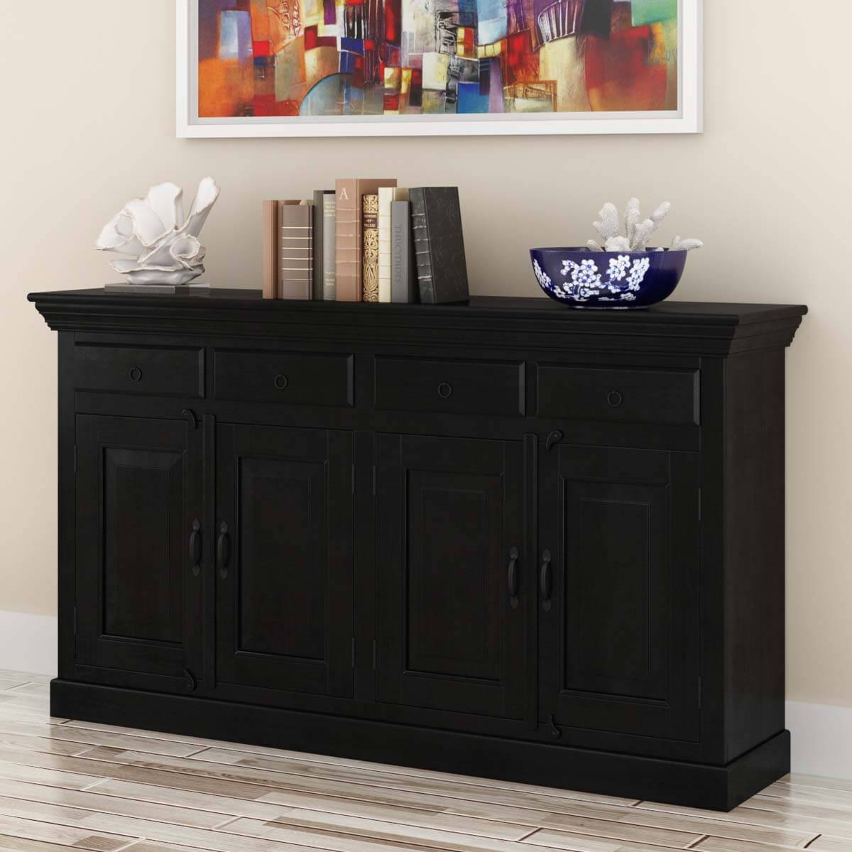 Urban Rustic Solid Wood Black Buffet Cabinet with Drawers