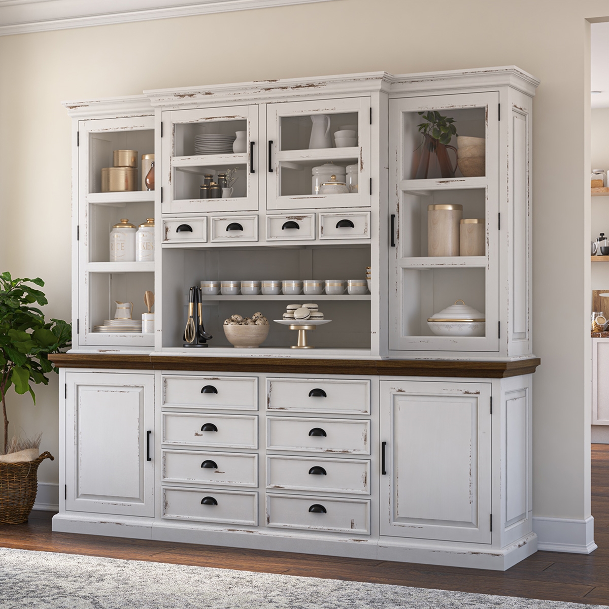 Pajaro Large White Farmhouse Kitchen Buffet Hutch Cabinet