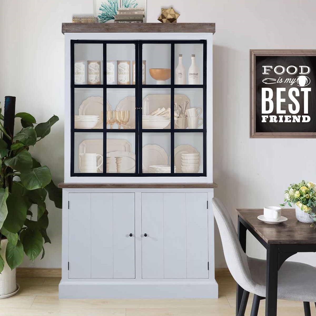 Palatka Farmhouse White Kitchen Pantry Cabinet with Glass Doors