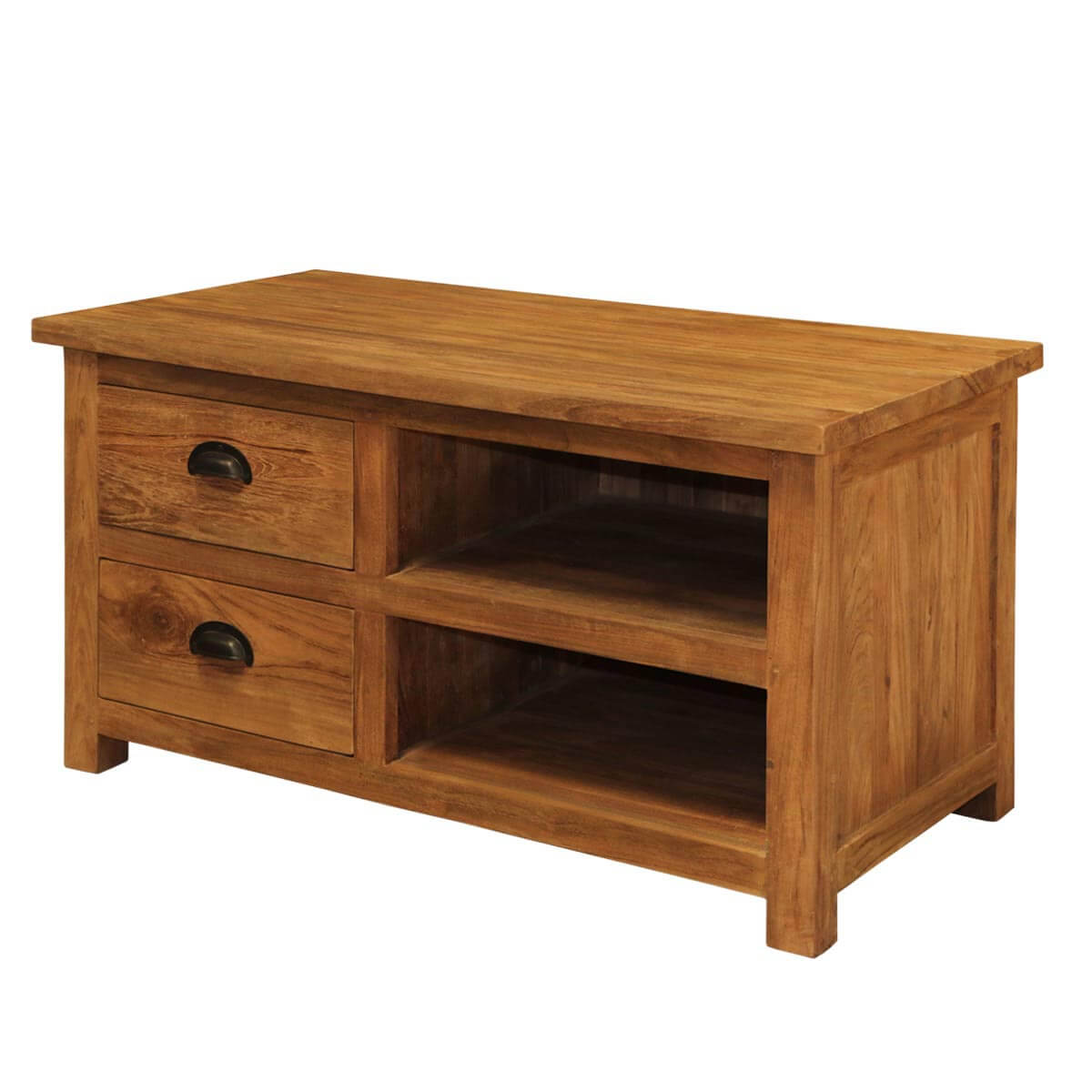 Genoa Contemporary Teak Wood 2 Open Shelves 2 Drawer Small TV Stand