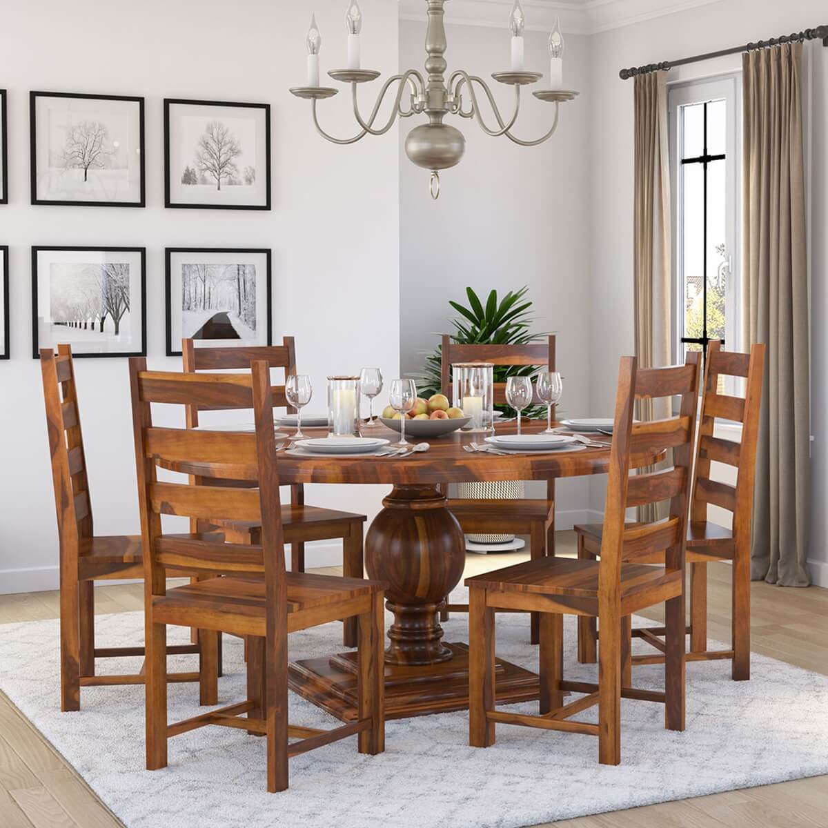 Cloverdale Rustic Solid Wood Round Dining Table Chair Set