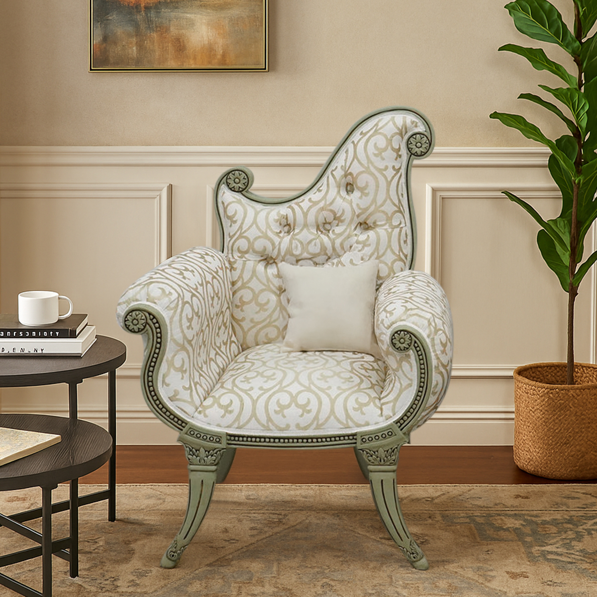 Cabriole Vintage Upholstered Button Tufted Accent Chair