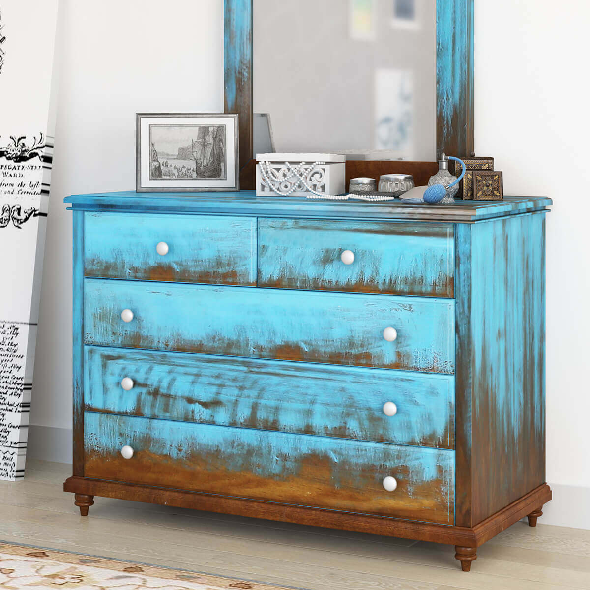 Empire Blue Dawn Rustic Solid Mango Wood Bedroom Dresser With 5 Drawer