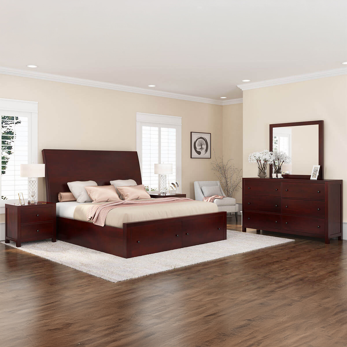 Petros Transitional Mahogany Wood 4 Piece Bedroom Set