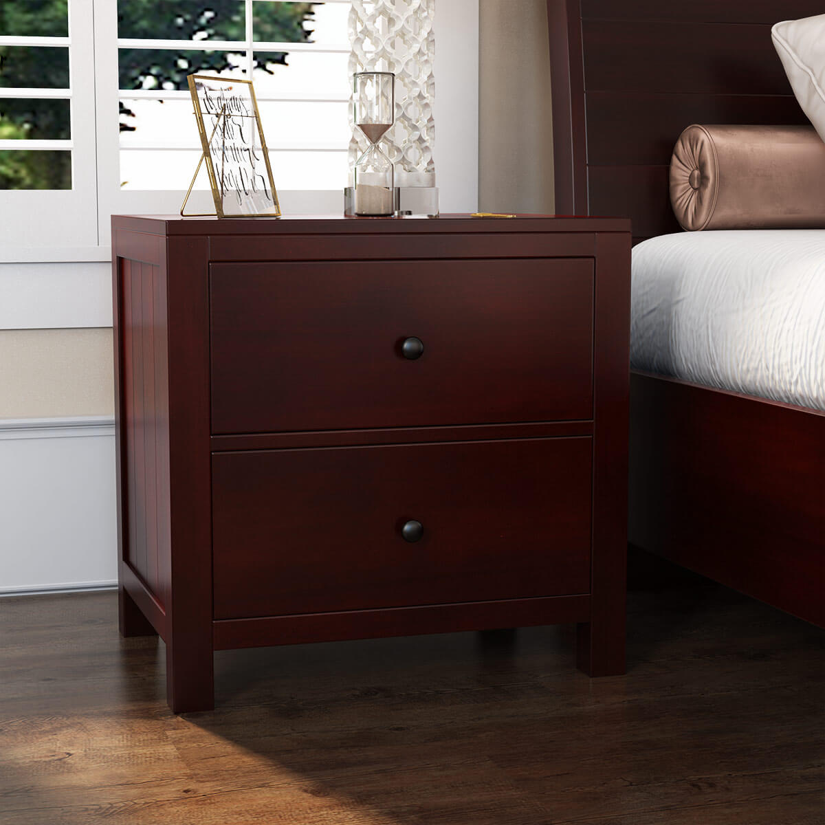 Petros Transitional Mahogany Wood 2 Drawer Nightstand