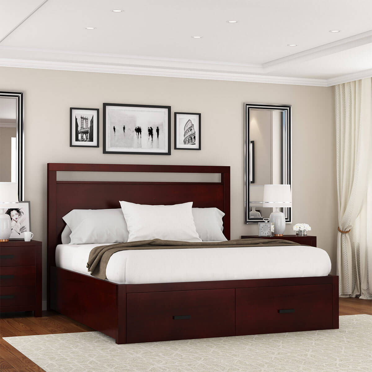 Anniston Transitional Style Solid Mahogany Wood Storage Platform Bed