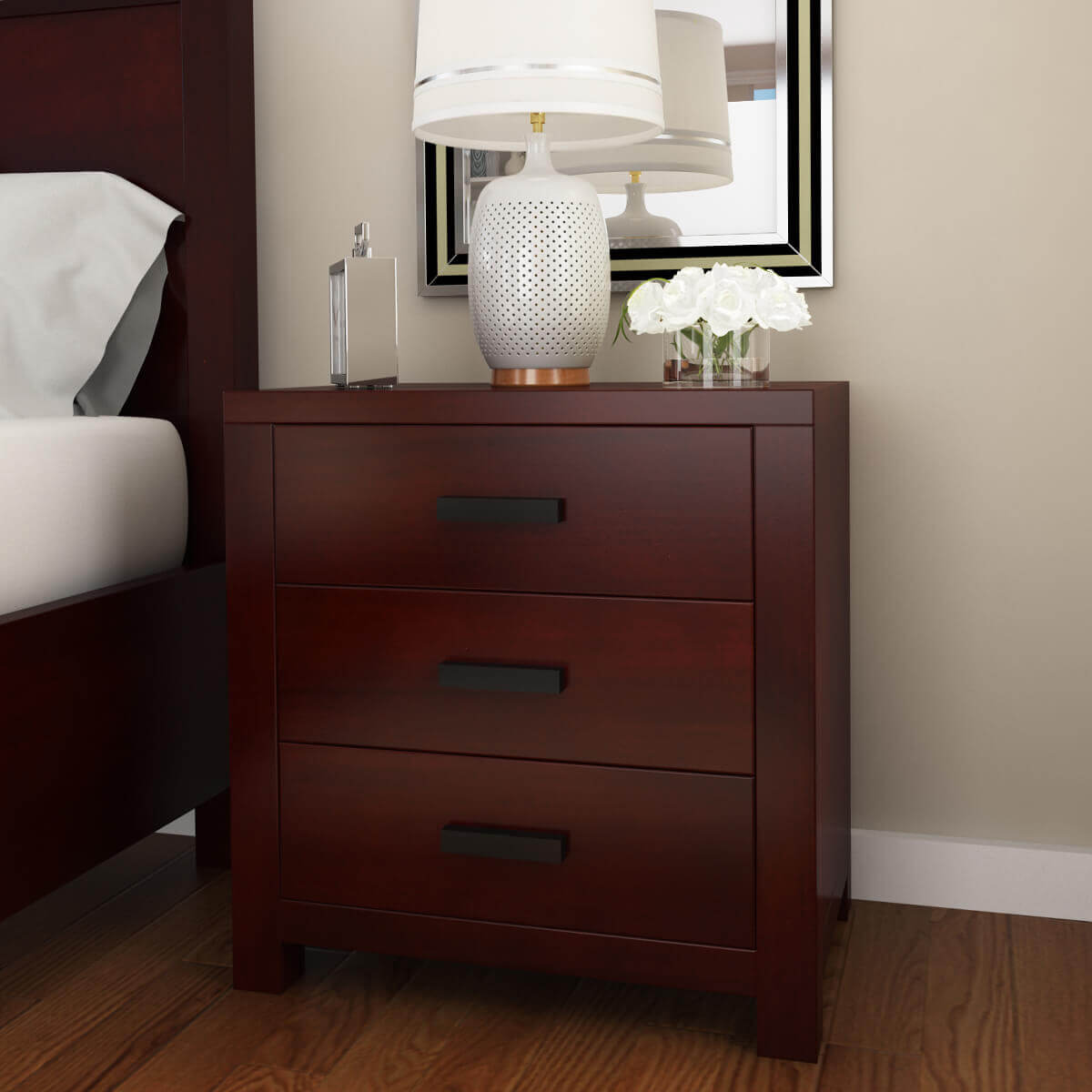 Anniston Transitional Style Solid Mahogany Wood 3 Drawer Nightstand