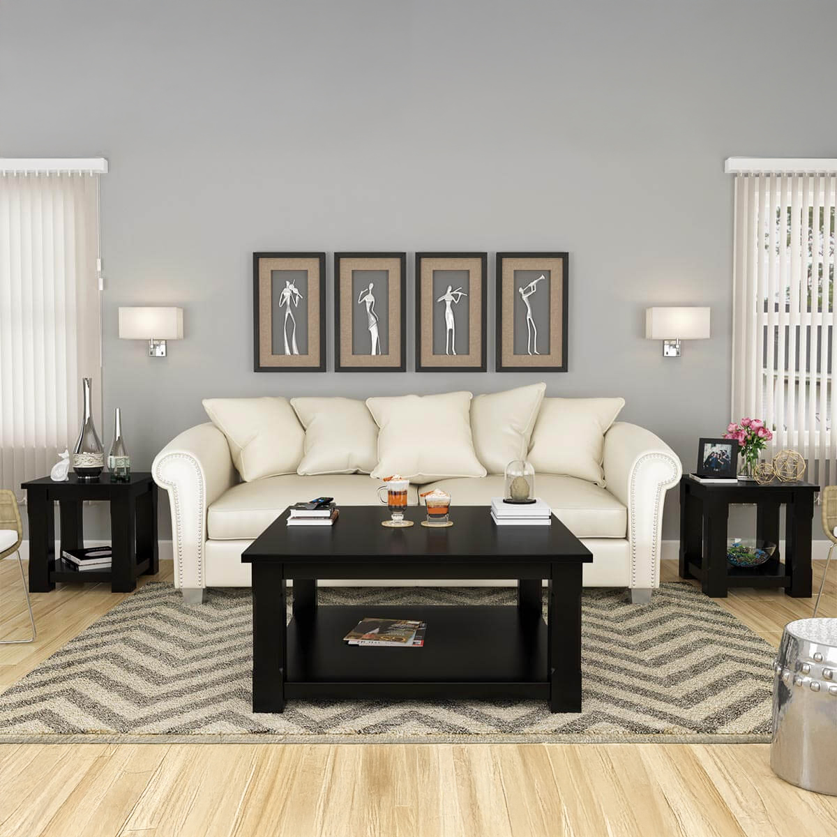 Brimson Black Solid Wood 3 Piece Coffee Table Set