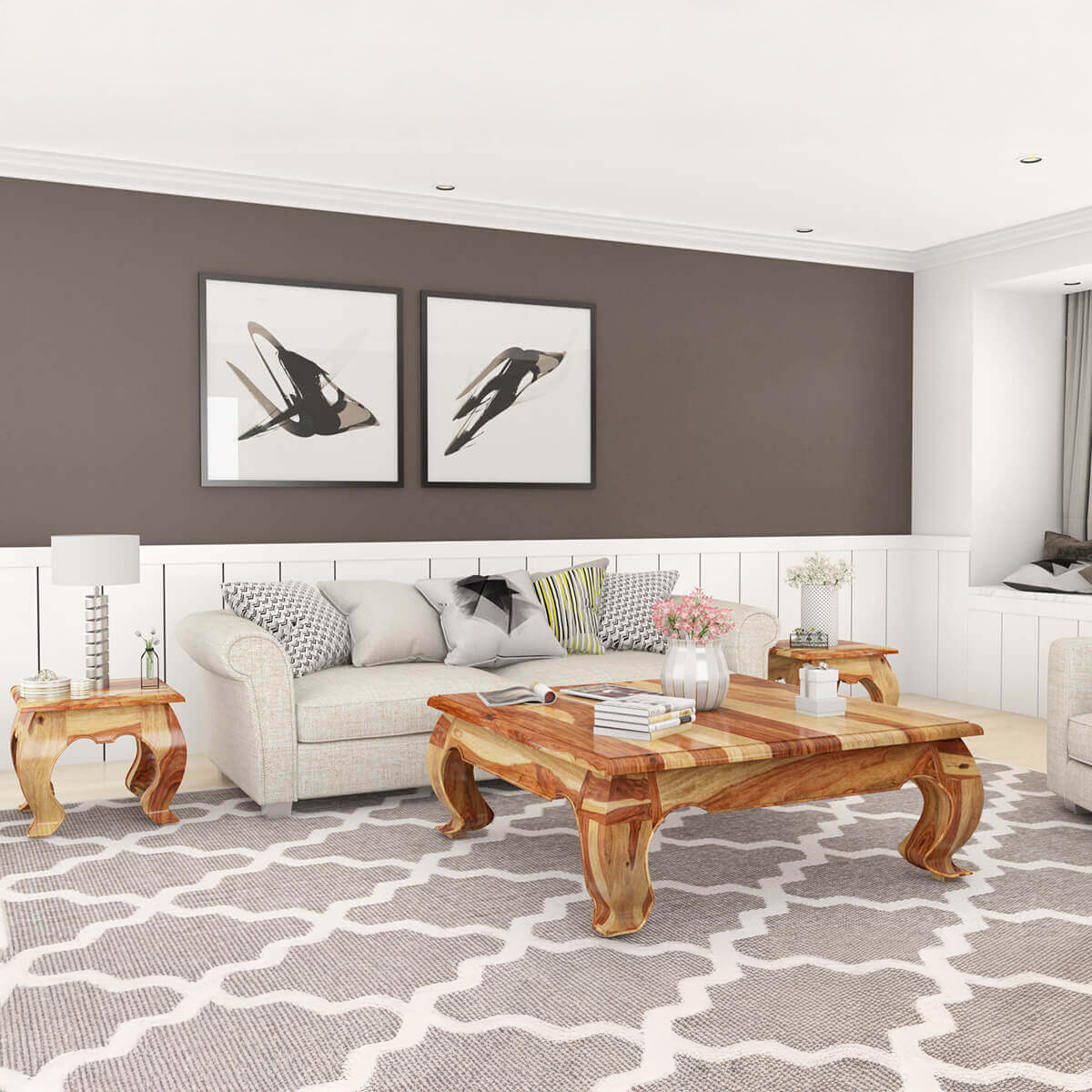 Halfeti Contemporary Rustic Solid Wood 3 Piece Opium Coffee Table Set