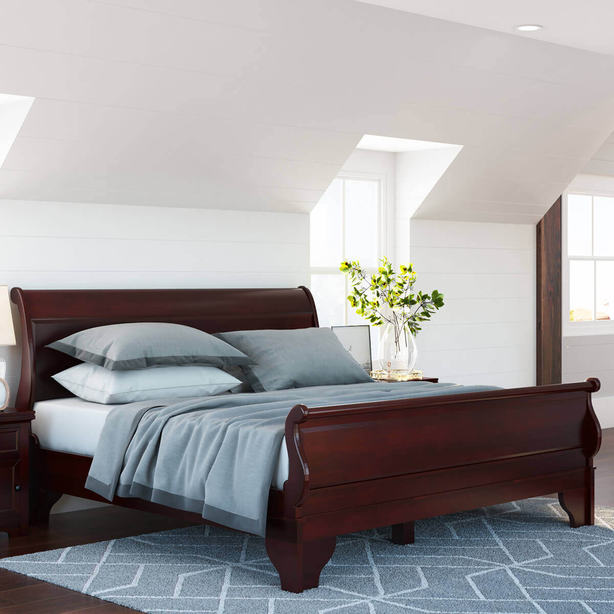 Carina Real Solid Wood Contemporary Platform Sleigh Bed w Corbel Shaped Feet