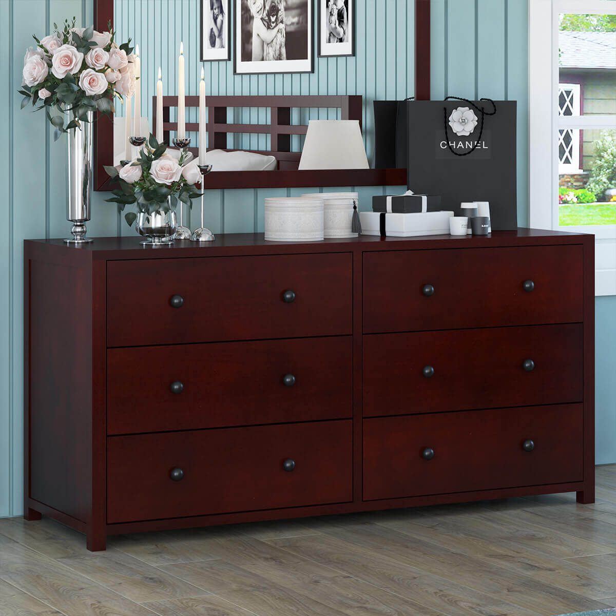 Andalusia Contemporary Mahogany Wood Large Bedroom Dresser w 6 Drawers