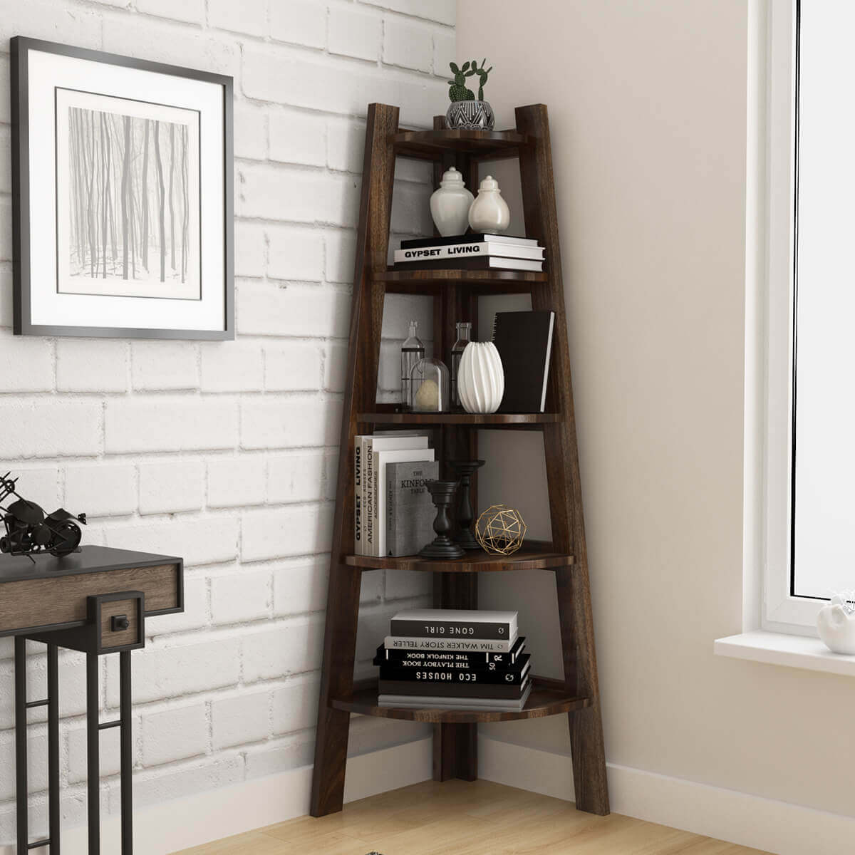 Cameroon Contemporary Real Wood Corner Ladder Home Display Bookshelf