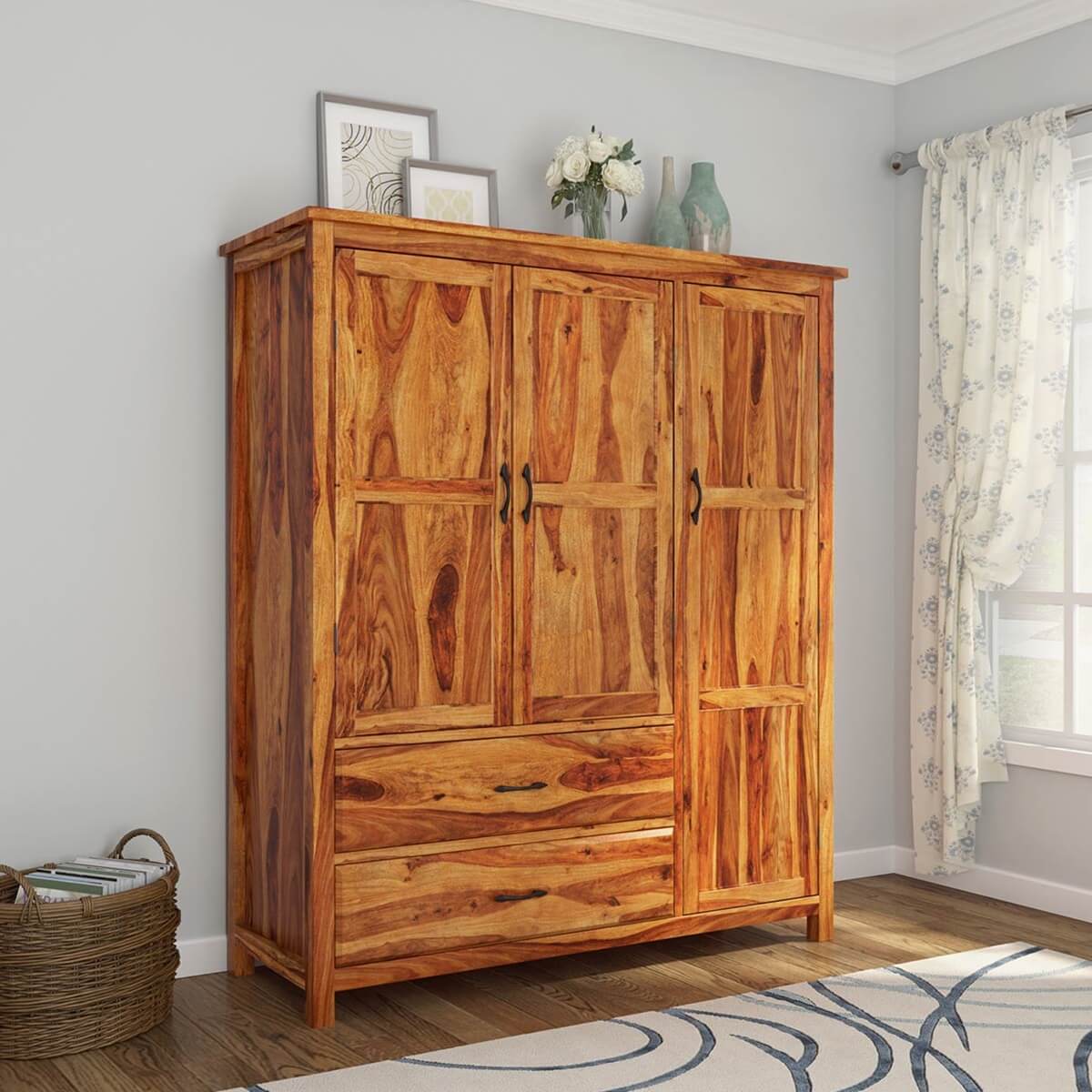 Sheffield Farmhouse Solid Wood Large Bedroom Wardrobe Armoire With Drawer