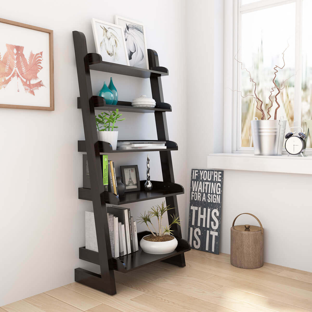 Ignacio Solid Wood Black Leaning ladder Home Display Bookself
