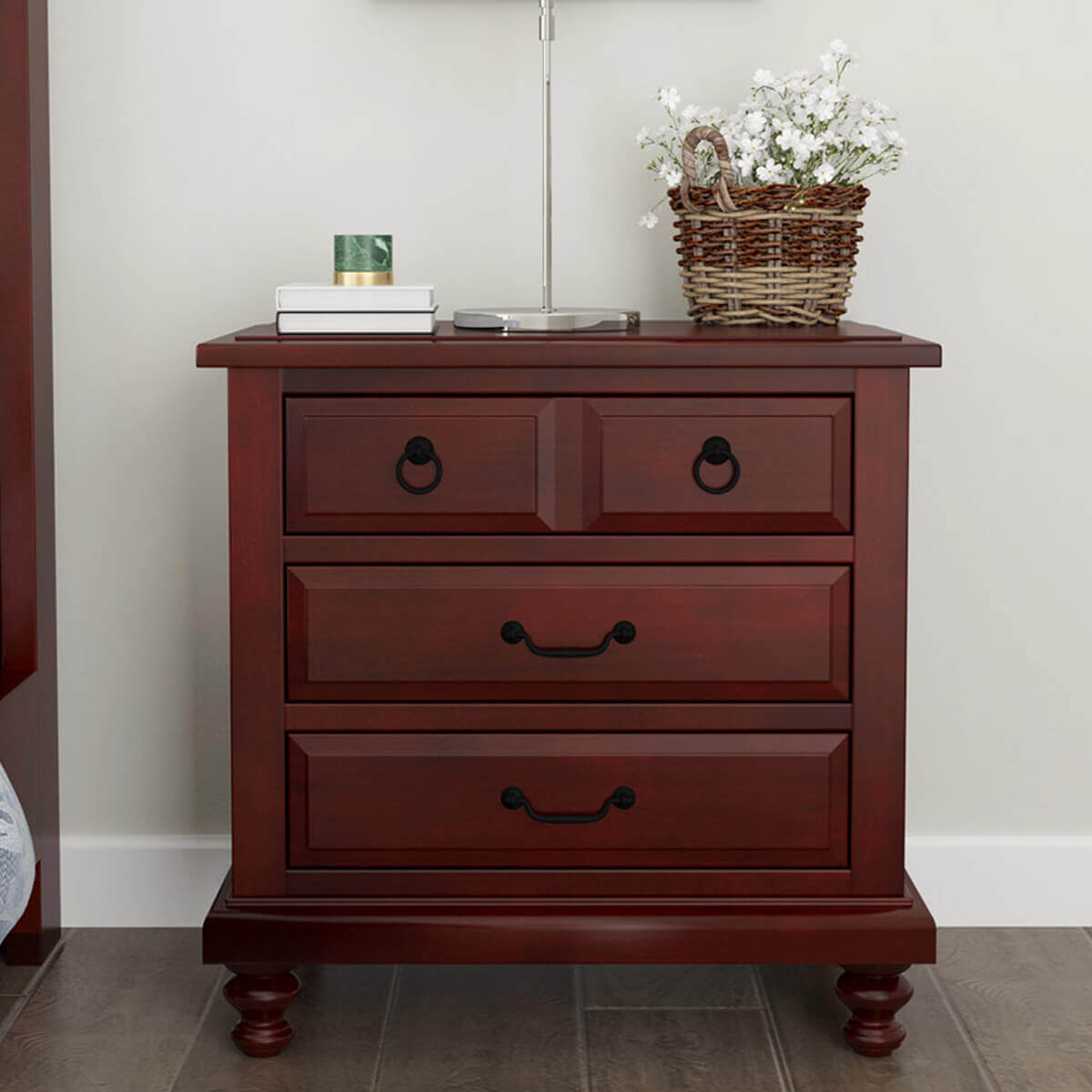Iowa Traditional Style Mahogany Wood 3 Drawer Nightstand
