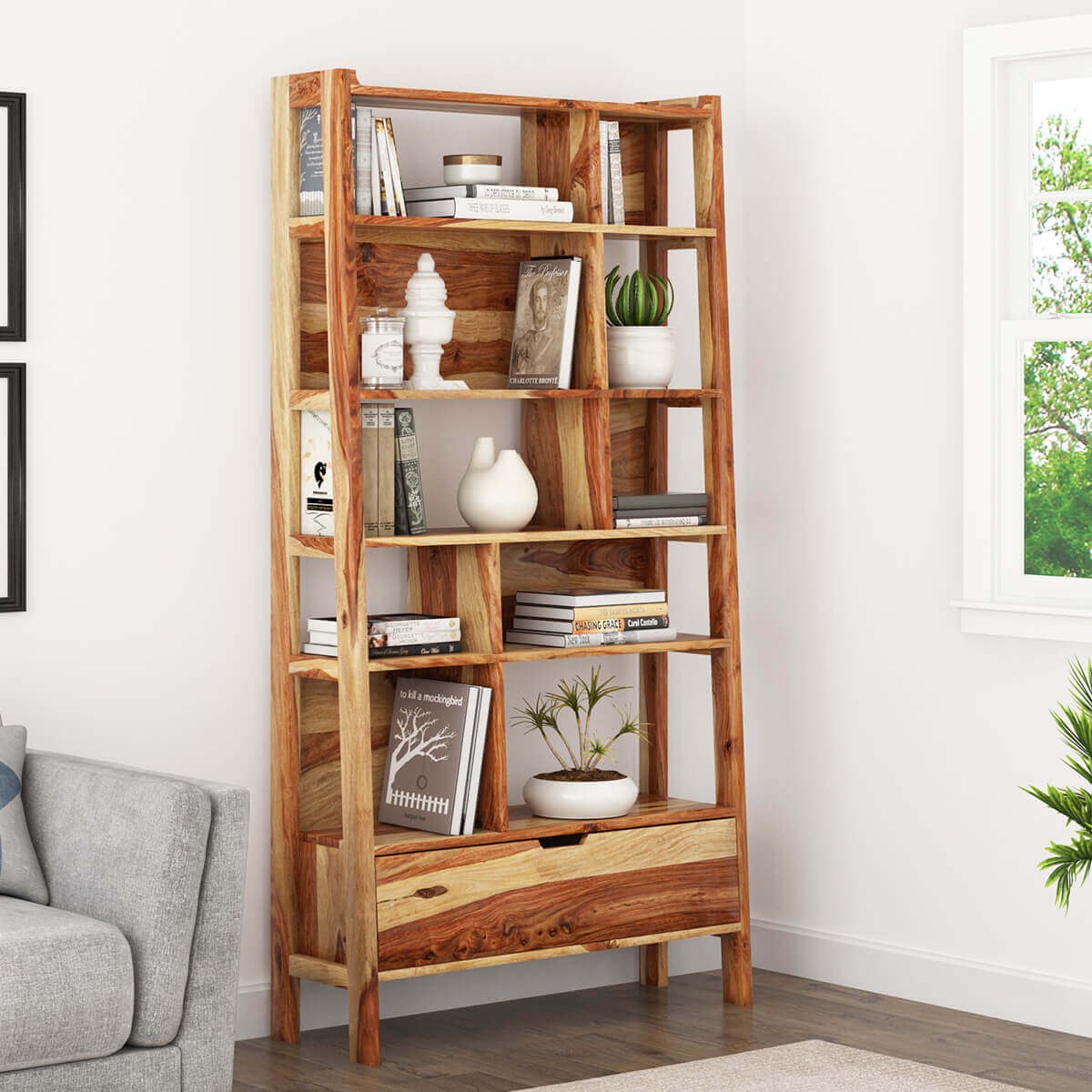 Alta Natural Solid Wood Home Office Ladder Bookshelf with Drawer