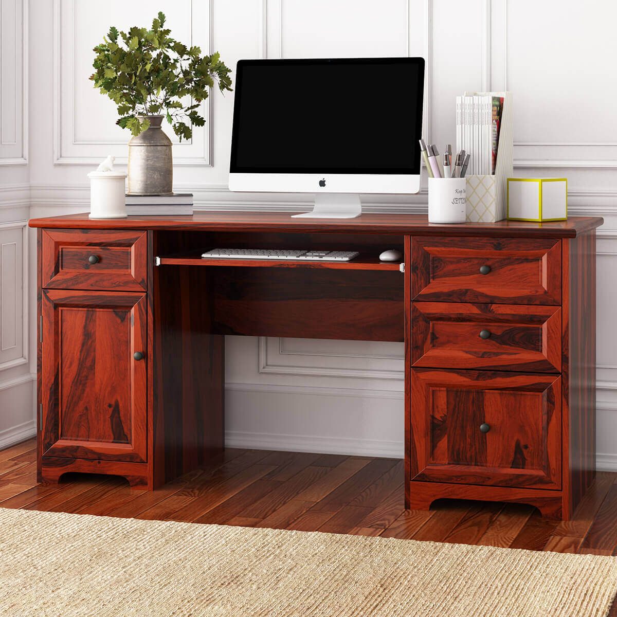 Poston Rustic Solid Wood 4 Drawer 62 Inch Large Home Office Computer Desk