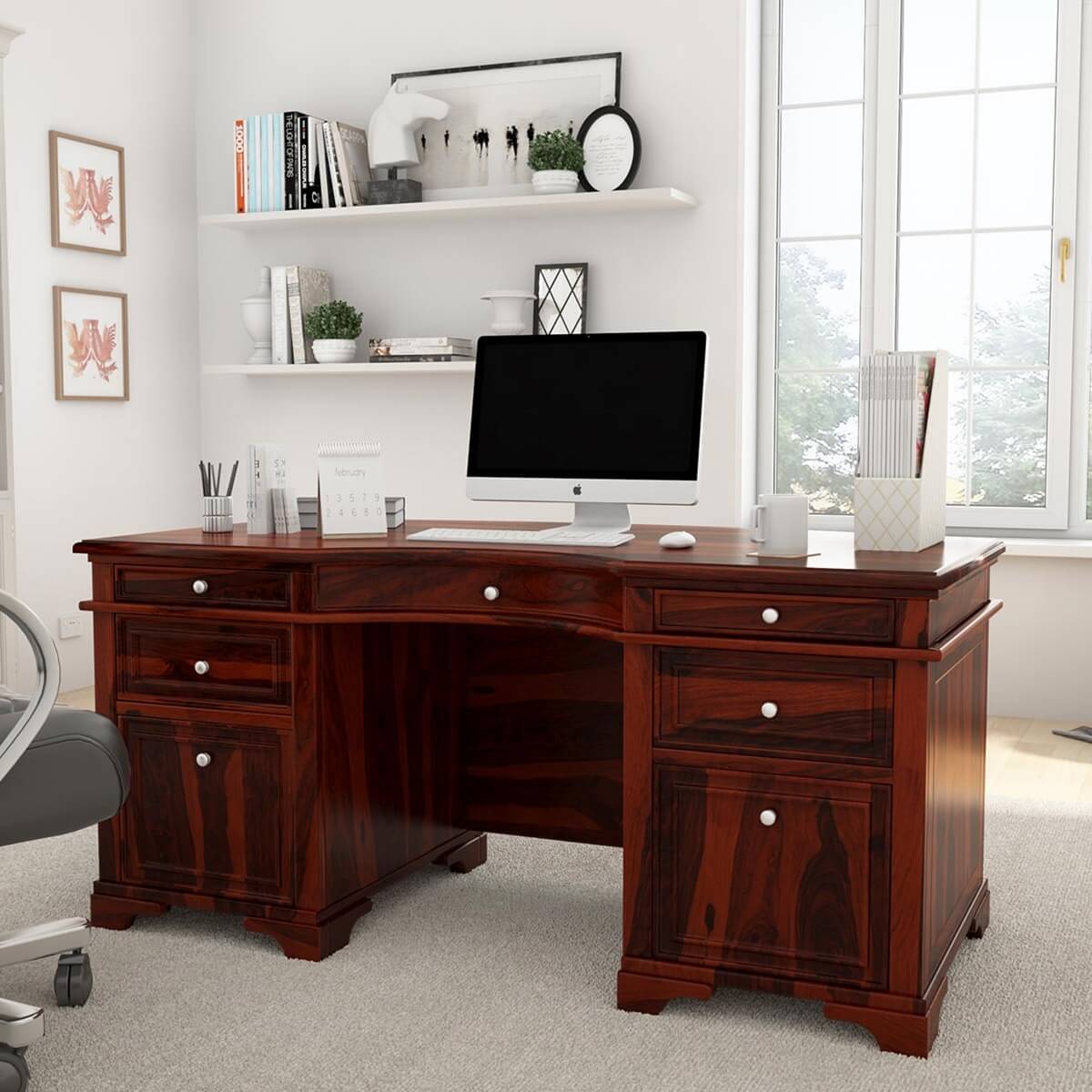 Victorian Style Rustic 66 Inch Solid Wood Home Office Executive Desk