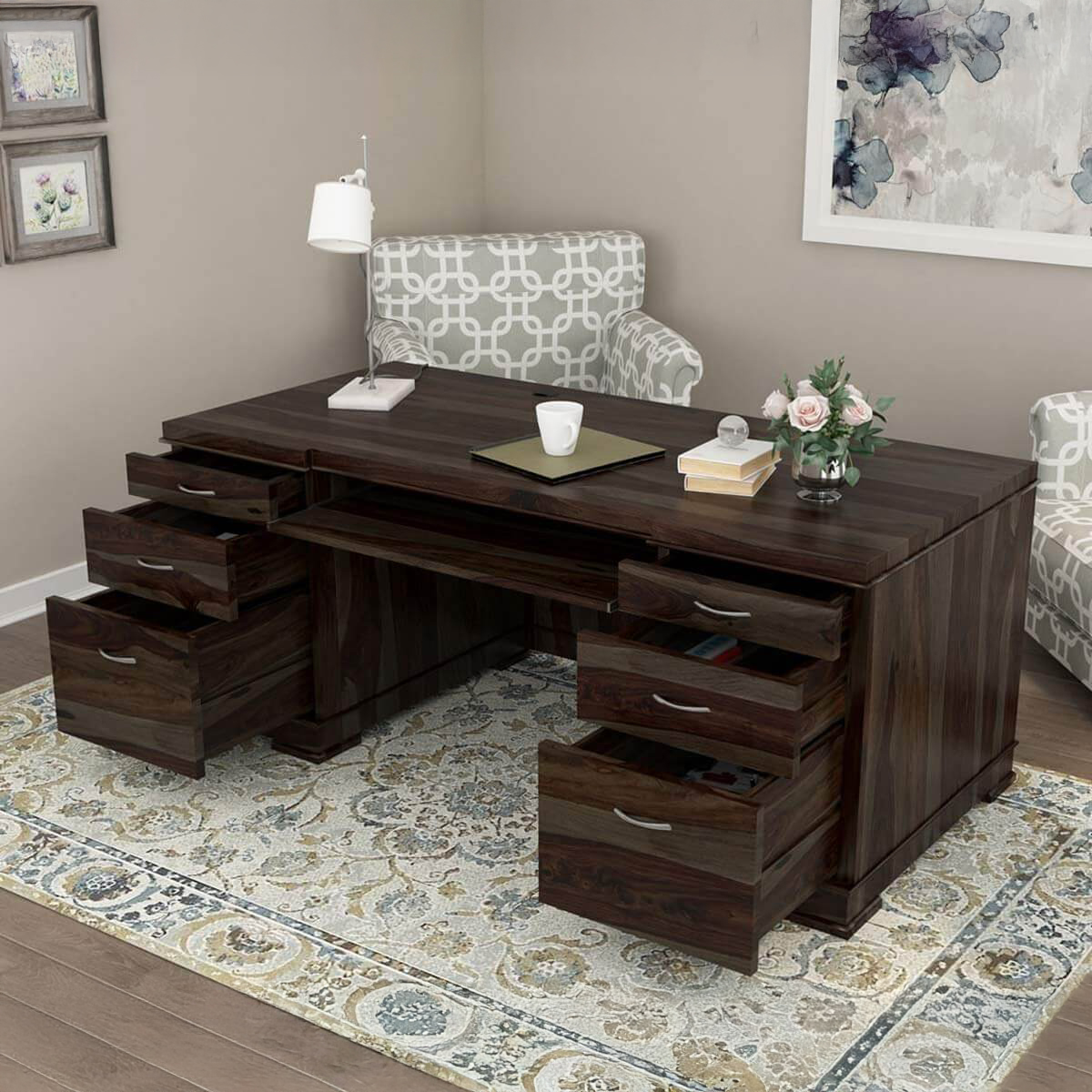 Blanford Rustic Solid Wood Home Office Executive Desk w File Cabinets