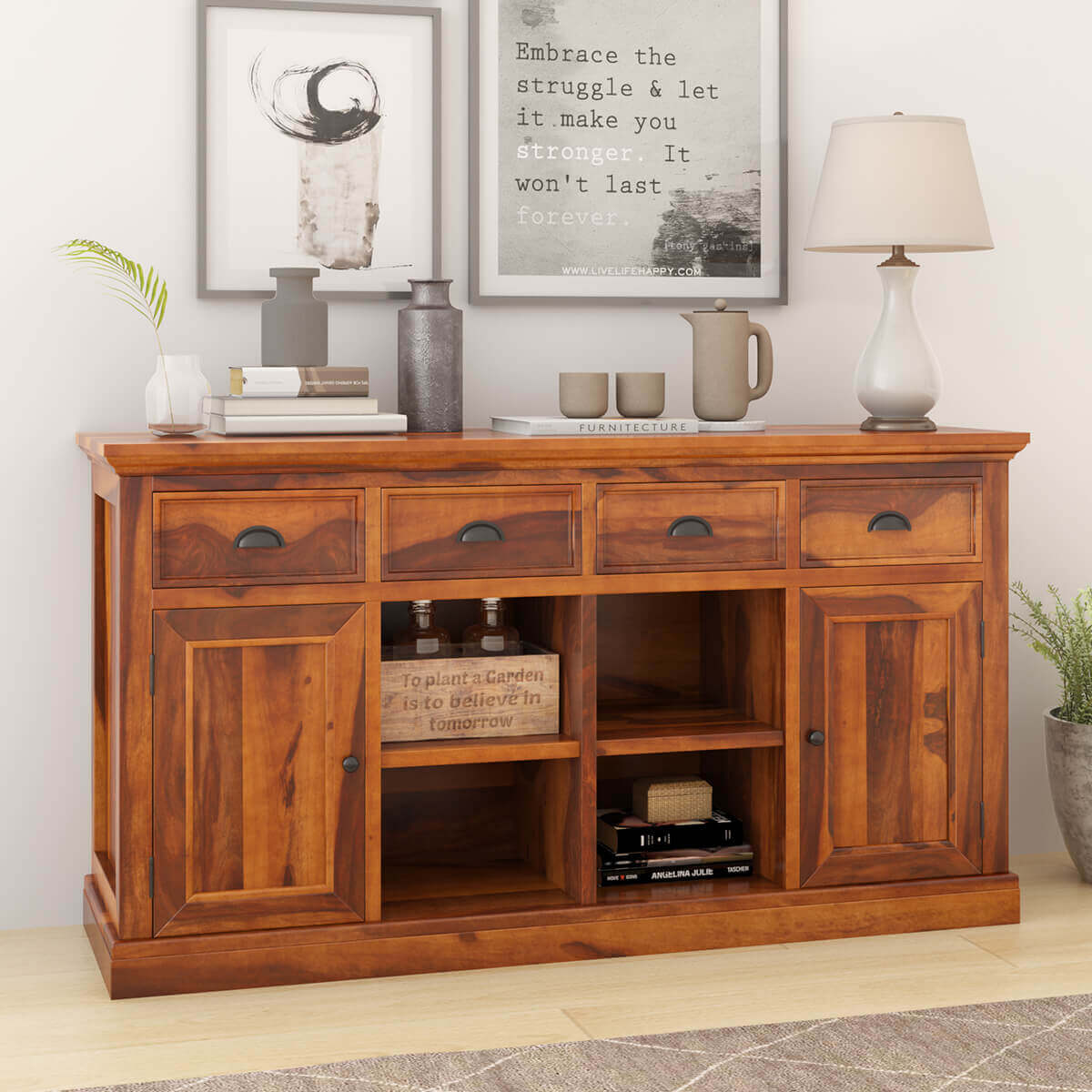Ballico Rustic Solid Wood Front Open Shelf 4 Drawer Large Sideboard