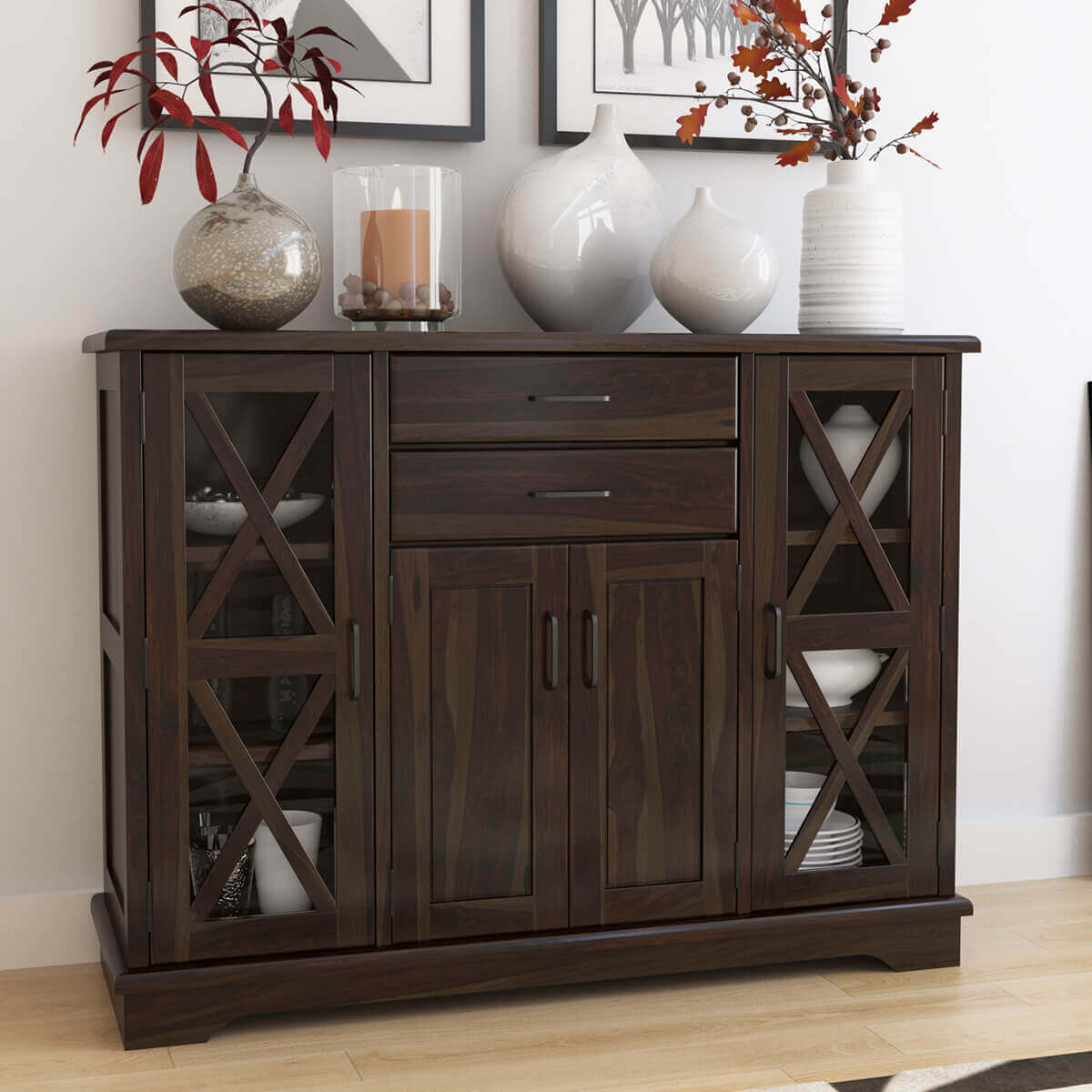 Calpella Solid Wood Glass Door Rustic Sideboard with Drawer