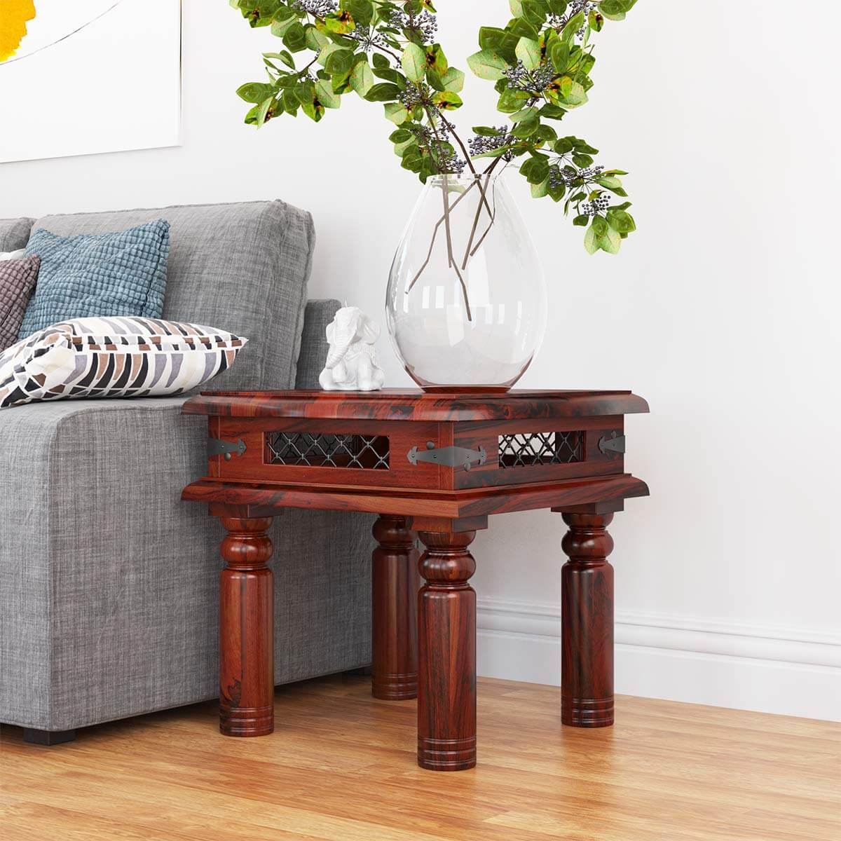 Licio Traditional Style Solid Wood & Iron Lattice Square End Table
