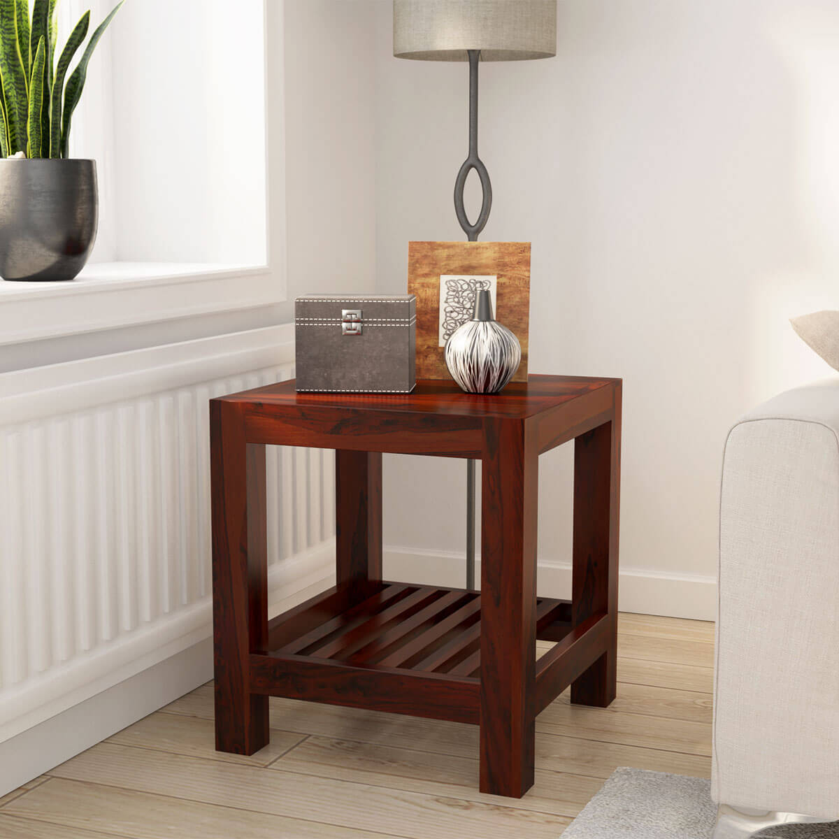 Portland Contemporary Solid Wood 2 Tier Rustic End Table