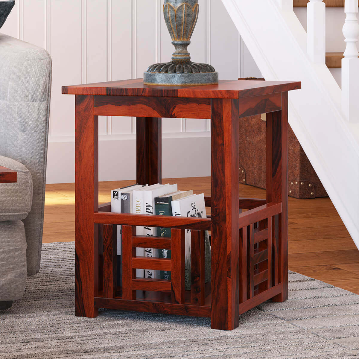 Yantis Mission Style Rustic Solid Wood Basket 2 Tier End Table