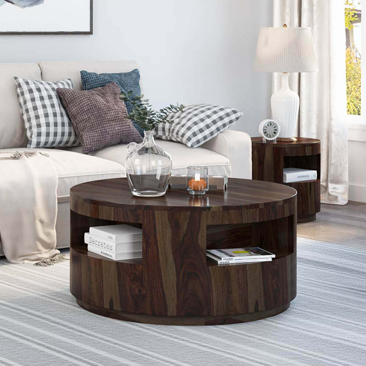 Ladonia Solid Wood 36 Inch Round Coffee Table With Shelves