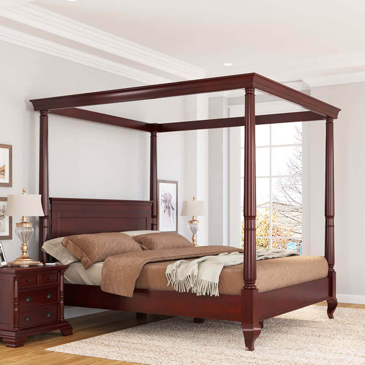 Cayuta Traditional Style Solid Mahogany Wood Platform Canopy Bed