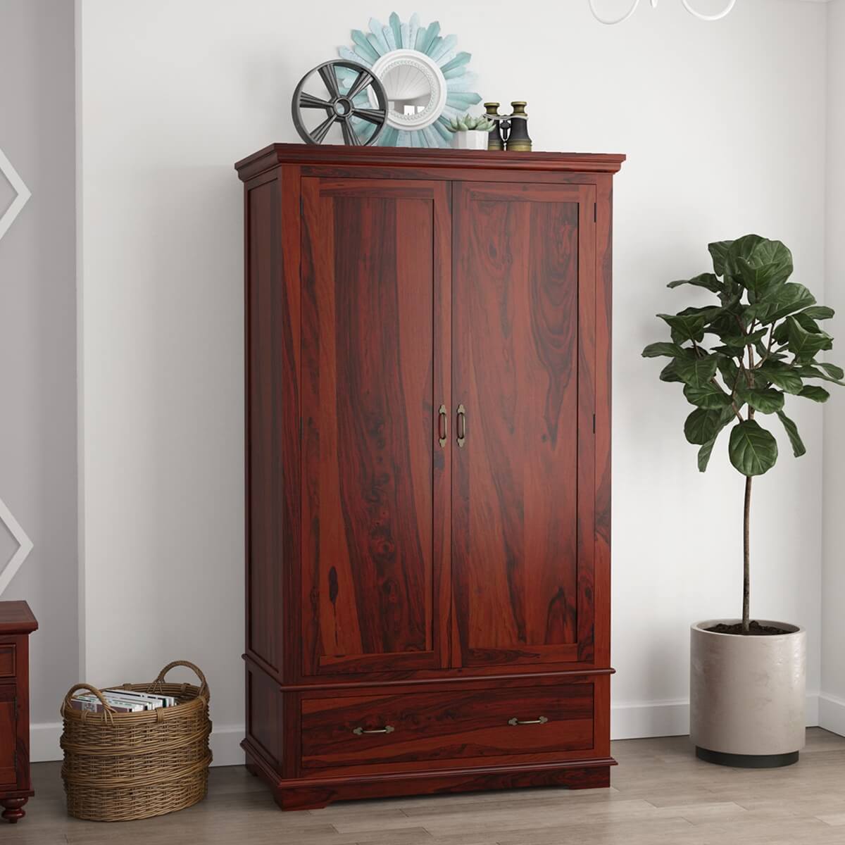 Modesto Rustic Wood Large Wardrobe Armoire With Shelves And Drawer