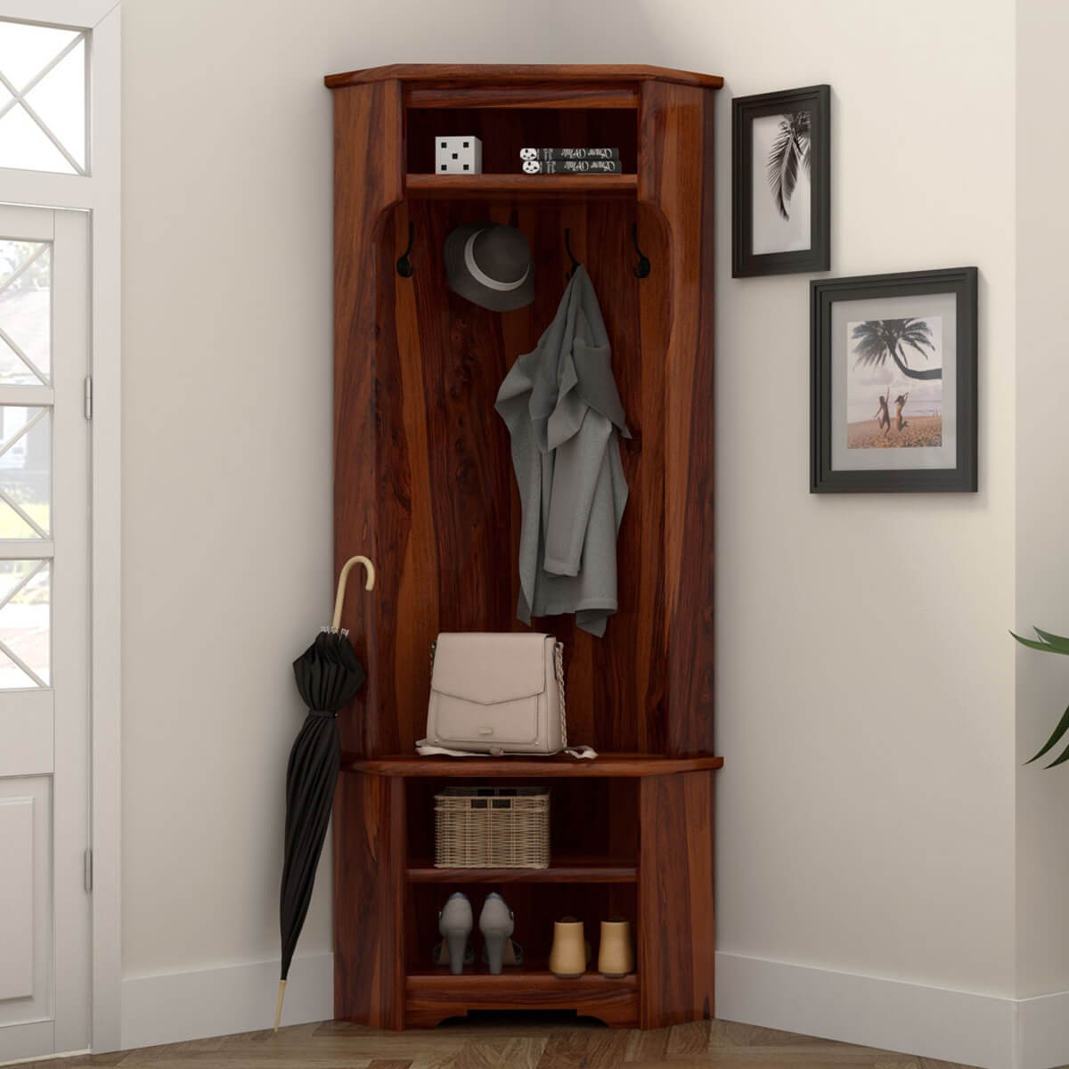 Harlingen Rustic Solid Wood Corner Entryway Hall Tree with Bench Shoe Storage