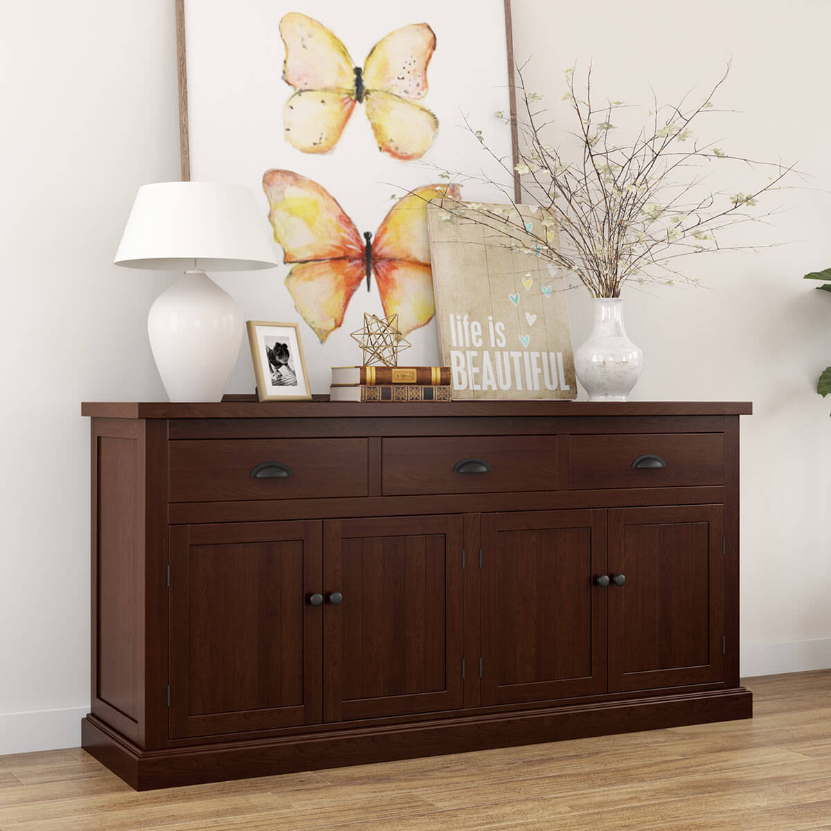 Tannersville Solid Wood 3 Drawer Large Mahogany Sideboard Cabinet