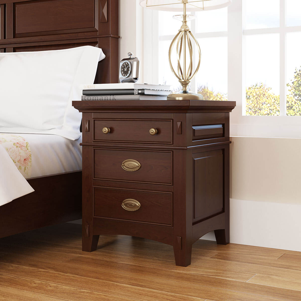 Bardugo Traditional Solid Mahogany Wood 3 Drawer Nightstand