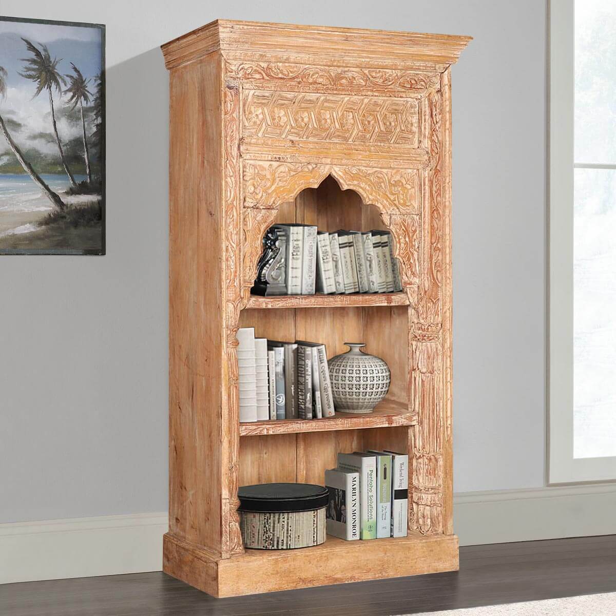 Alluwe Rustic Reclaimed Wood 3 Open Shelf Hand Carved Arch Bookcase