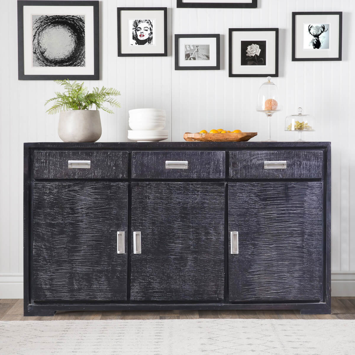 Sidon Distressed Black Reclaimed Wood 3 Drawer Large Sideboard Cabinet