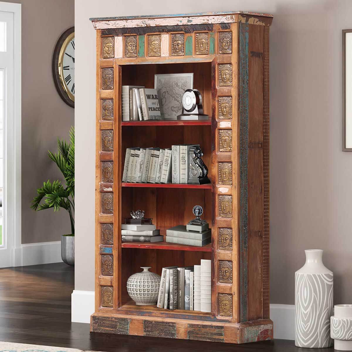Winifred Rustic Reclaimed Wood Hand Carved Home Office Bookcase