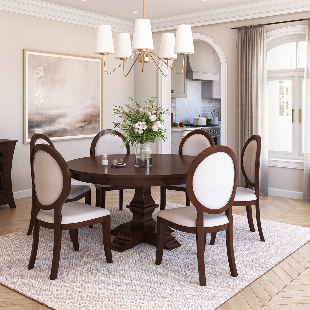 Aripeka Solid Wood Round Dining Table Upholstered Chairs Set