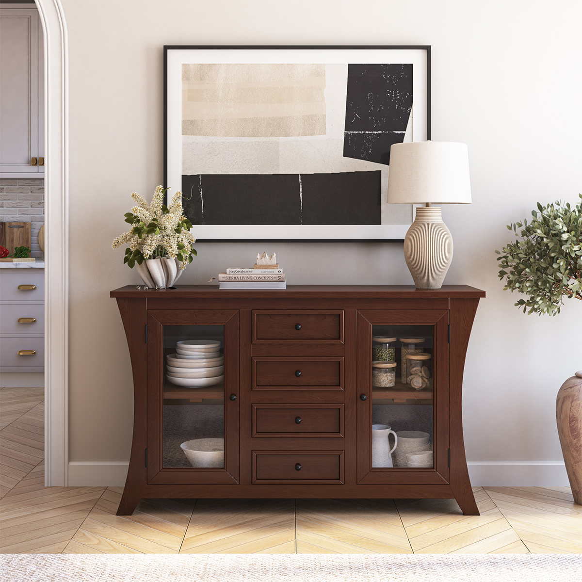 Aripeka Solid Wood 4 Drawer Large Sideboard with Glass Doors